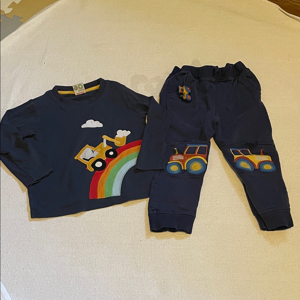 Frugi Brand top Navy Kids Rainbow Tractor Top & Pants Set 2/3 years